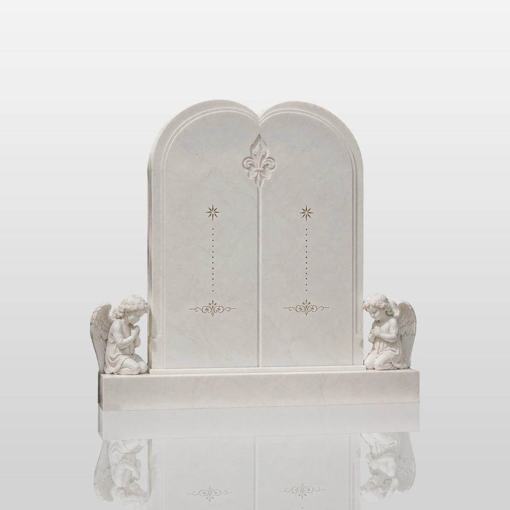 PREMIER Double Marble Tombstone with Praying Angels for Private Burial Plot, Memorial Garden or Family Mausoleum PSM-154