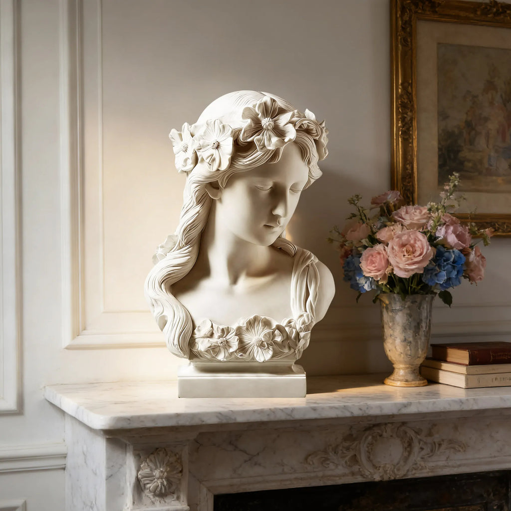 PREMIER Elegant Marble Lady Bust with Floral Details for Classic Interior Decor PSM-088