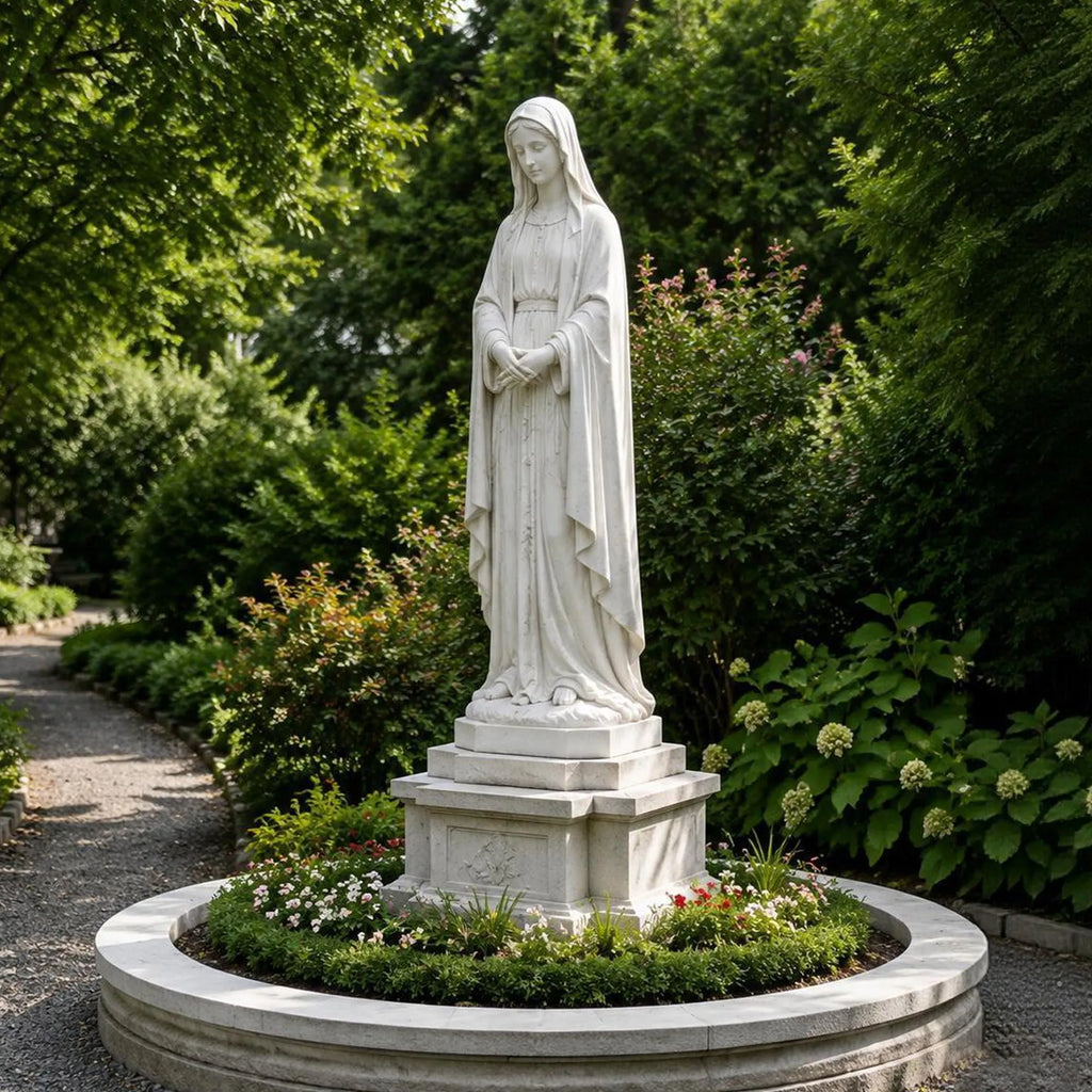 PREMIER Elegant Virgin Mary Statue in White Marble for Gardens, Church Entrances and Religious Courtyards PSM-129