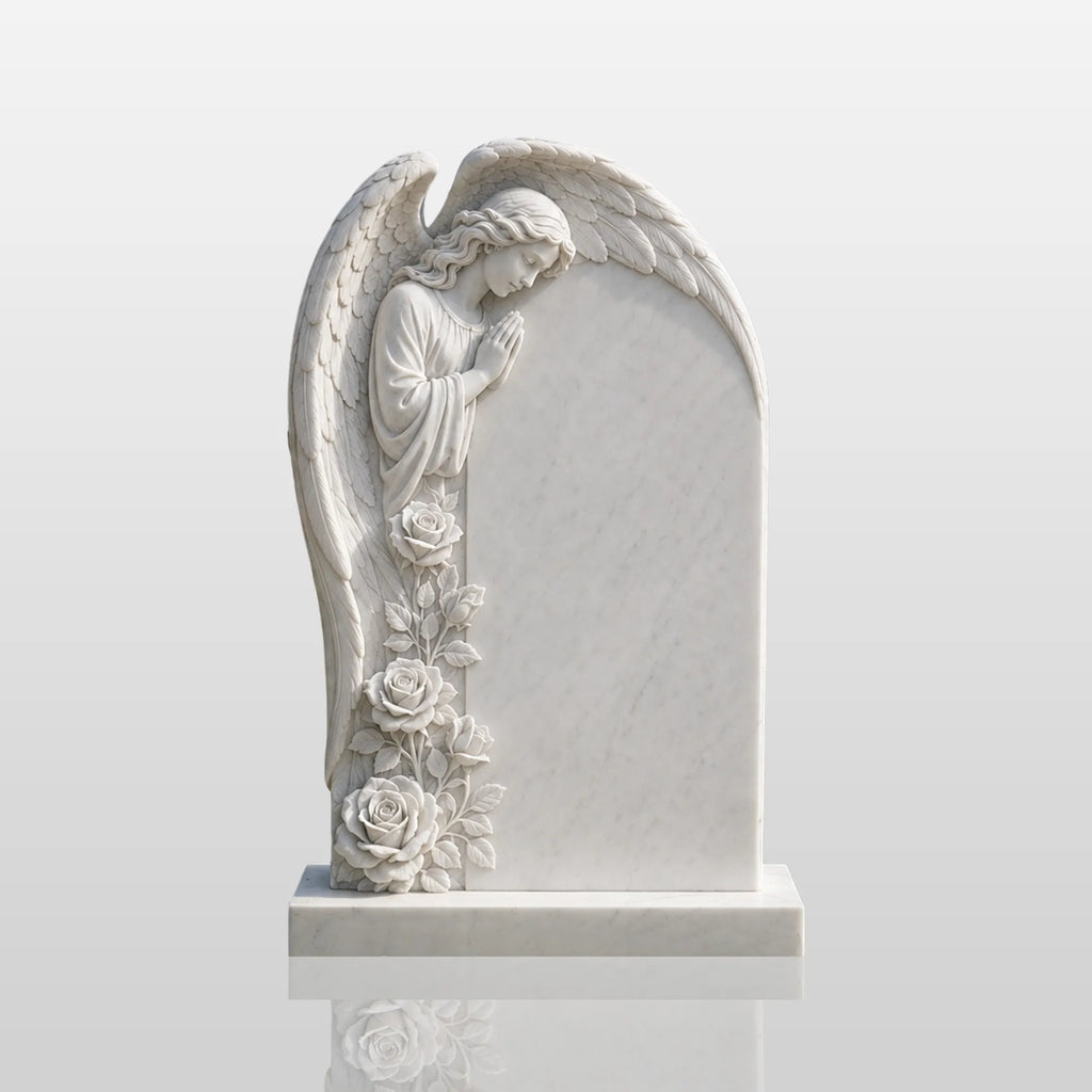 PREMIER Floral Angel Marble Tombstone for Burial Lawn, Parish Cemetery and Churchyard PSM-180