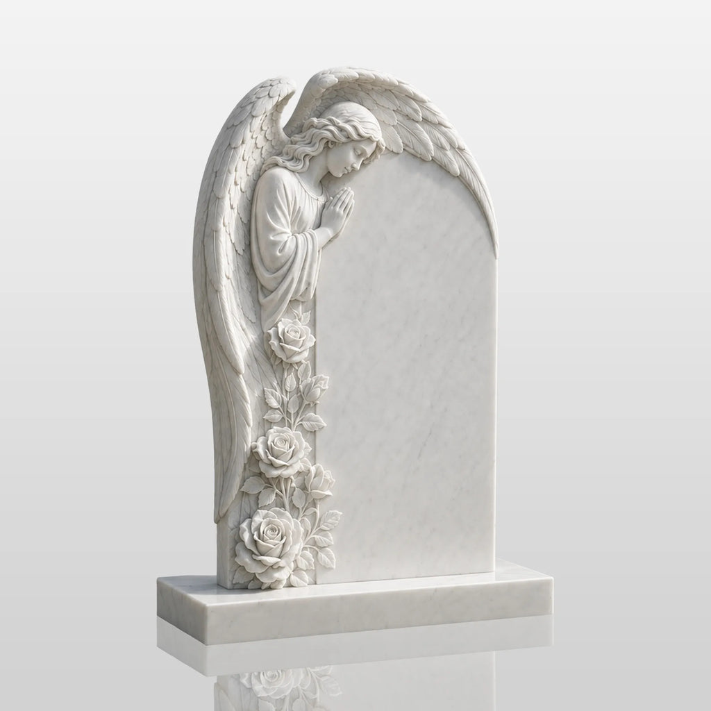 PREMIER Floral Angel Marble Tombstone for Burial Lawn, Parish Cemetery and Churchyard PSM-180