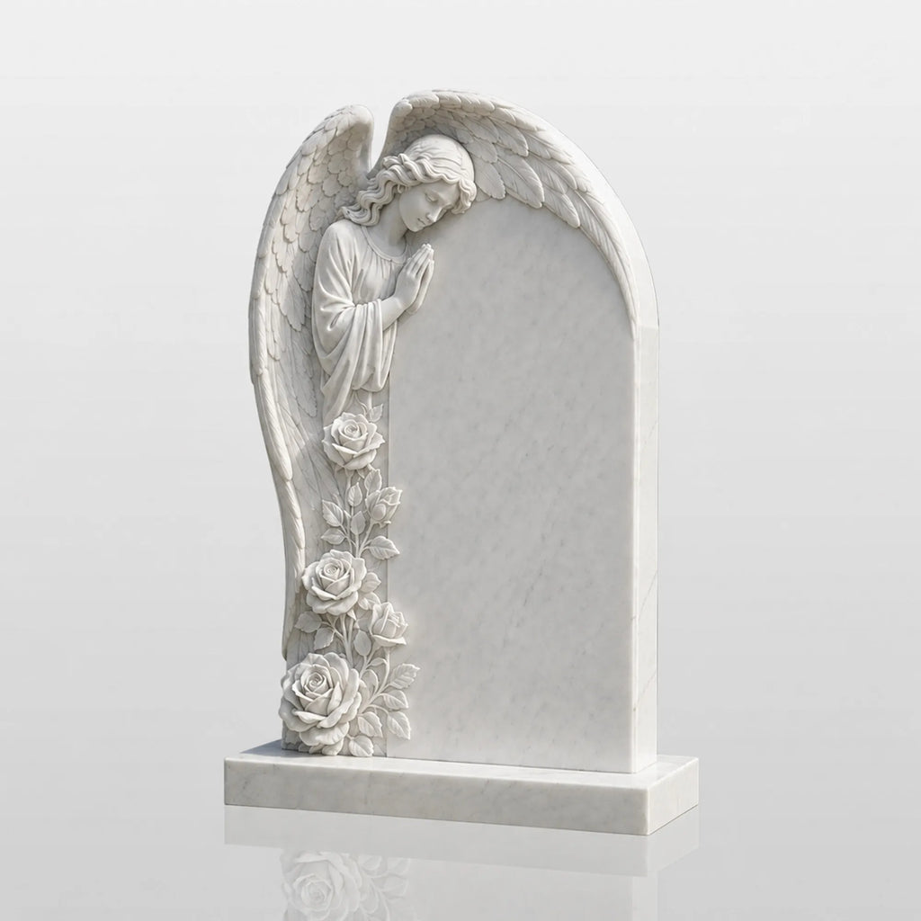 PREMIER Floral Angel Marble Tombstone for Burial Lawn, Parish Cemetery and Churchyard PSM-180