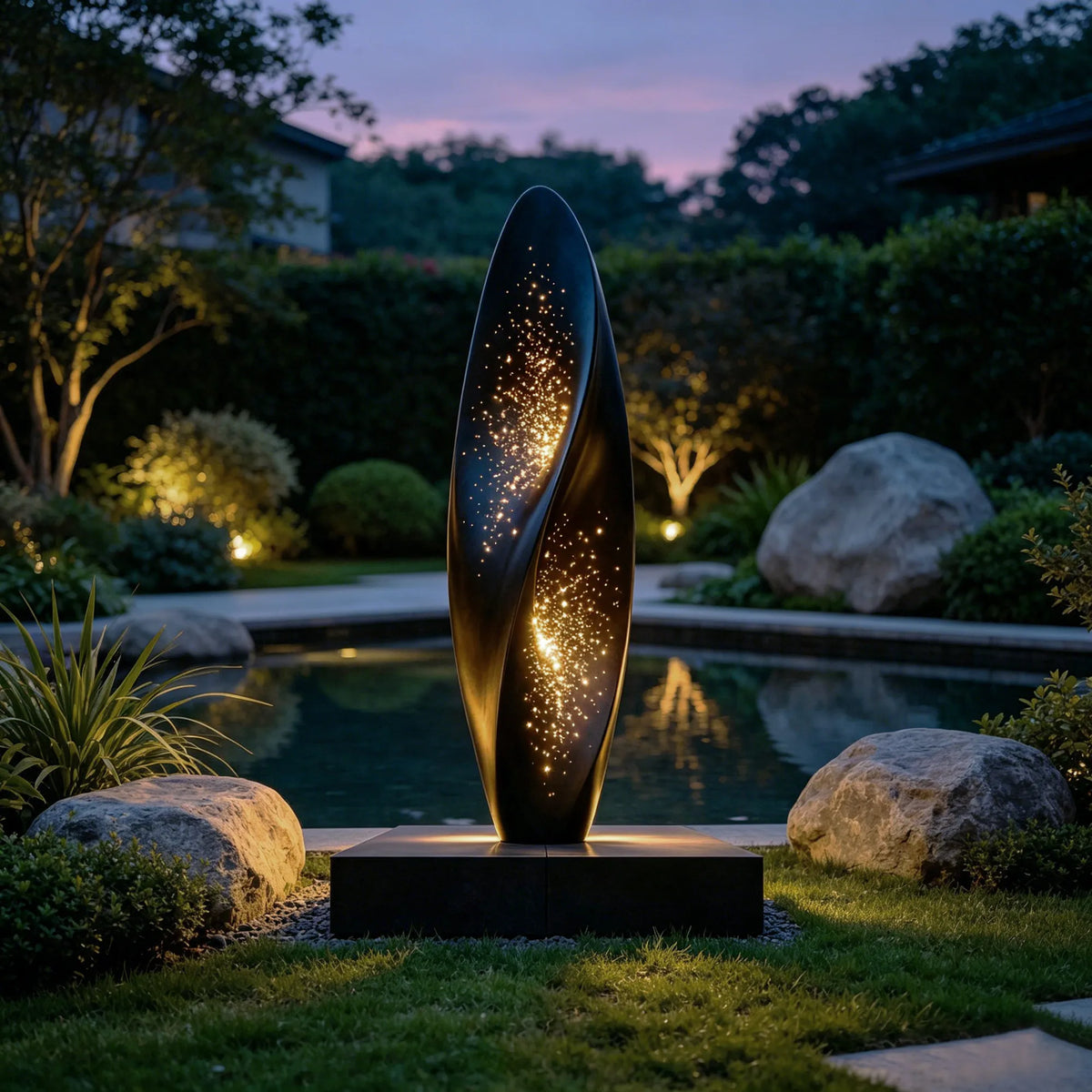 PREMIER Futuristic Leaf Sculpture in Stainless Steel Sculpture with Light for Luxury Villa Gardens, Courtyards and Poolsides PSSS-266