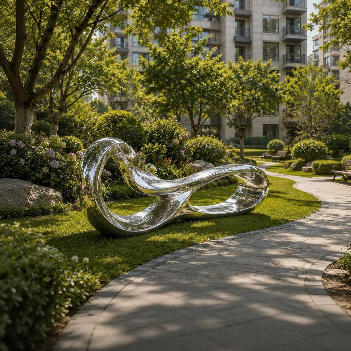 PREMIER Infinity Bench Sculpture in Stainless Steel for Community Lawn or Apartment Garden PSSS-295
