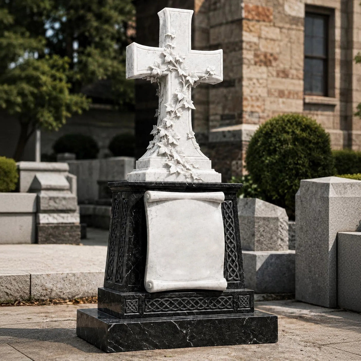PREMIER Ivy Cross Marble Tombstone for Church Graveyard, Cemetery or Memorial Garden PSM-159