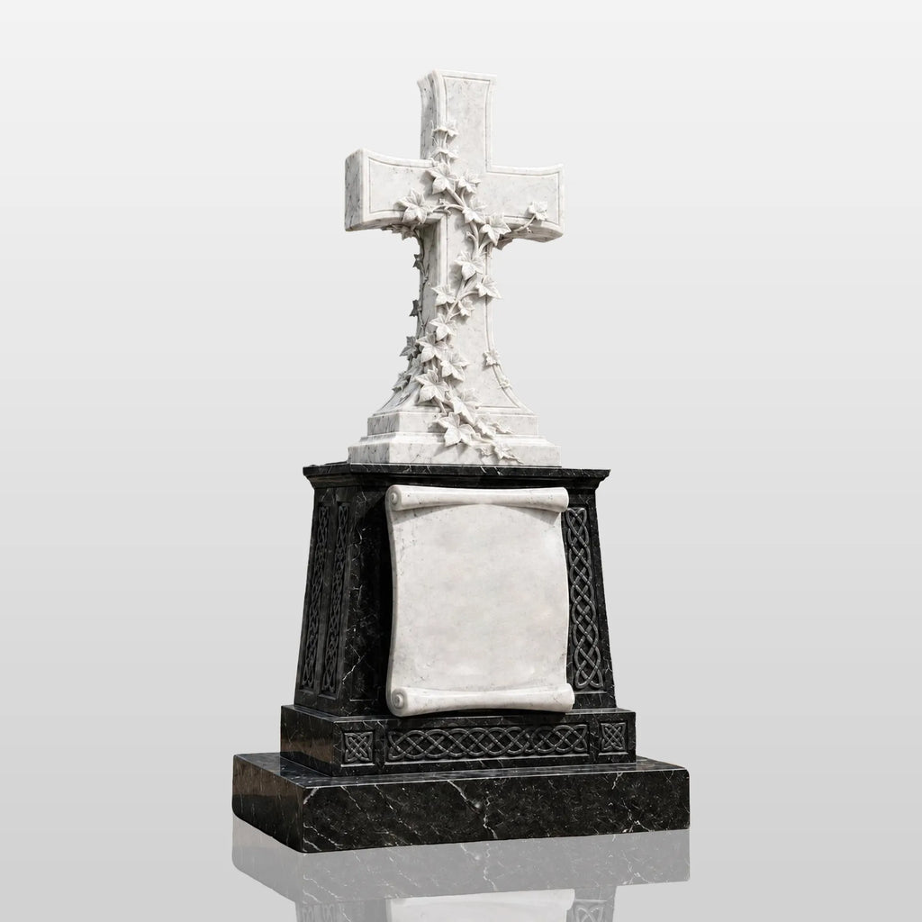 PREMIER Ivy Cross Marble Tombstone for Church Graveyard, Cemetery or Memorial Garden PSM-159