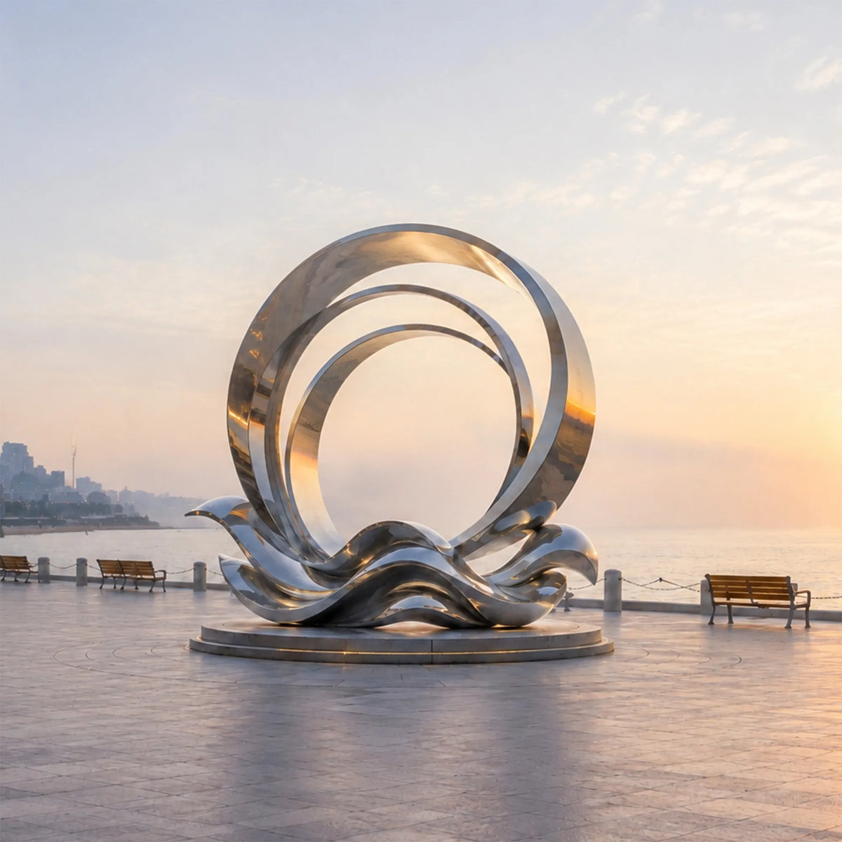 PREMIER Large Stainless Steel Sculpture with Circular Ring and Wave for Waterfront Plaza or Hotel Courtyard PSSS-307