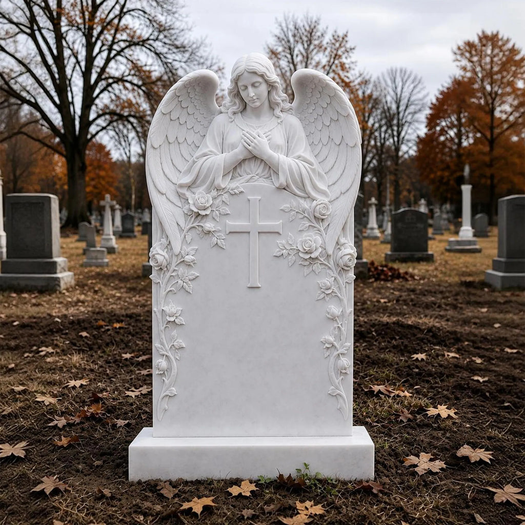PREMIER Marble Angel Tombstone for Catholic Cemetery, Church Graveyard and Home Memorial Garden PSM-176