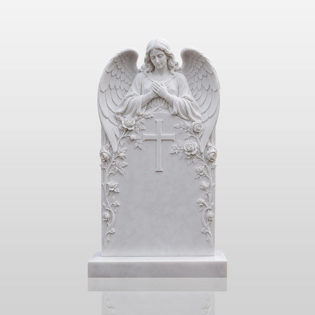PREMIER Marble Angel Tombstone for Catholic Cemetery, Church Graveyard and Home Memorial Garden PSM-176