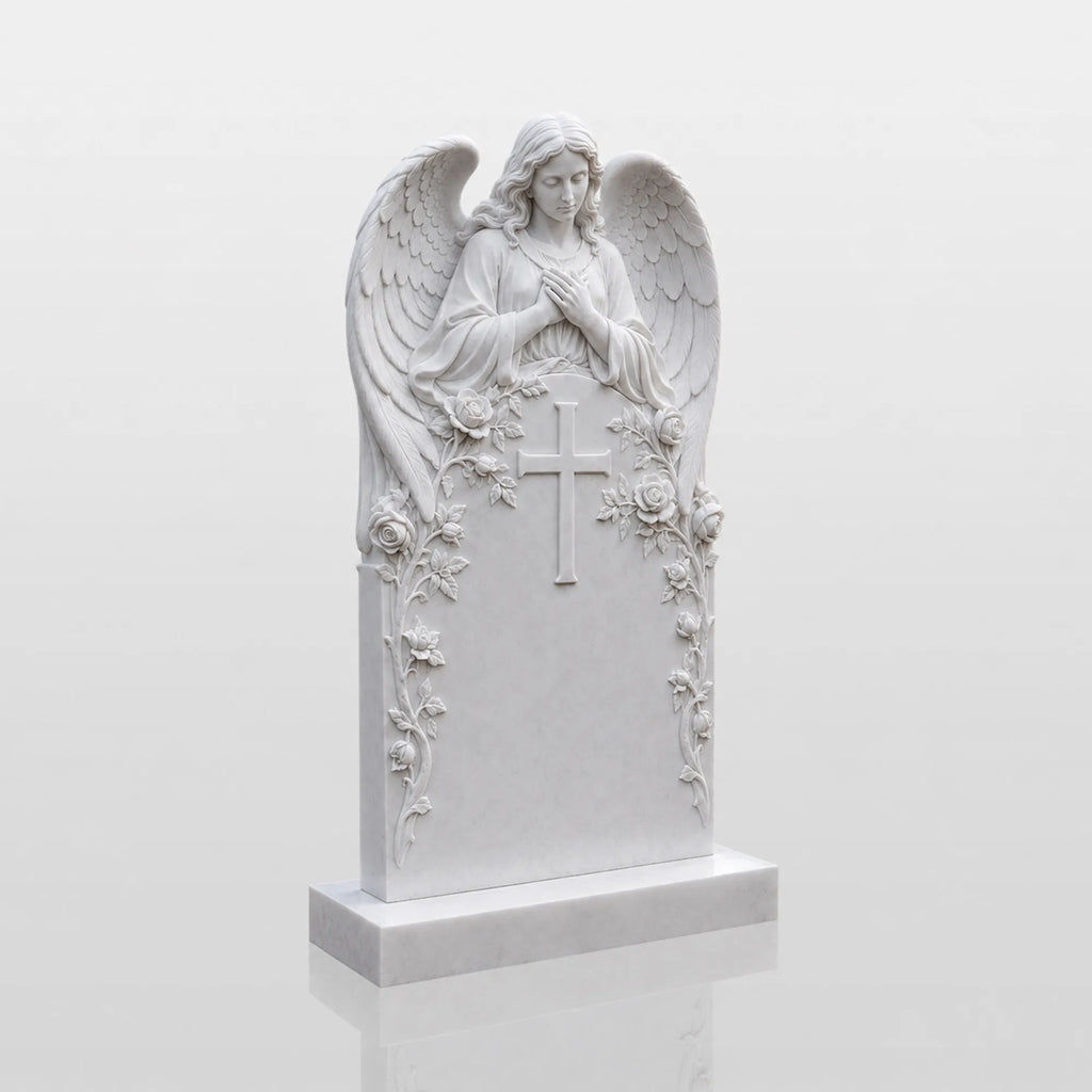 PREMIER Marble Angel Tombstone for Catholic Cemetery, Church Graveyard and Home Memorial Garden PSM-176
