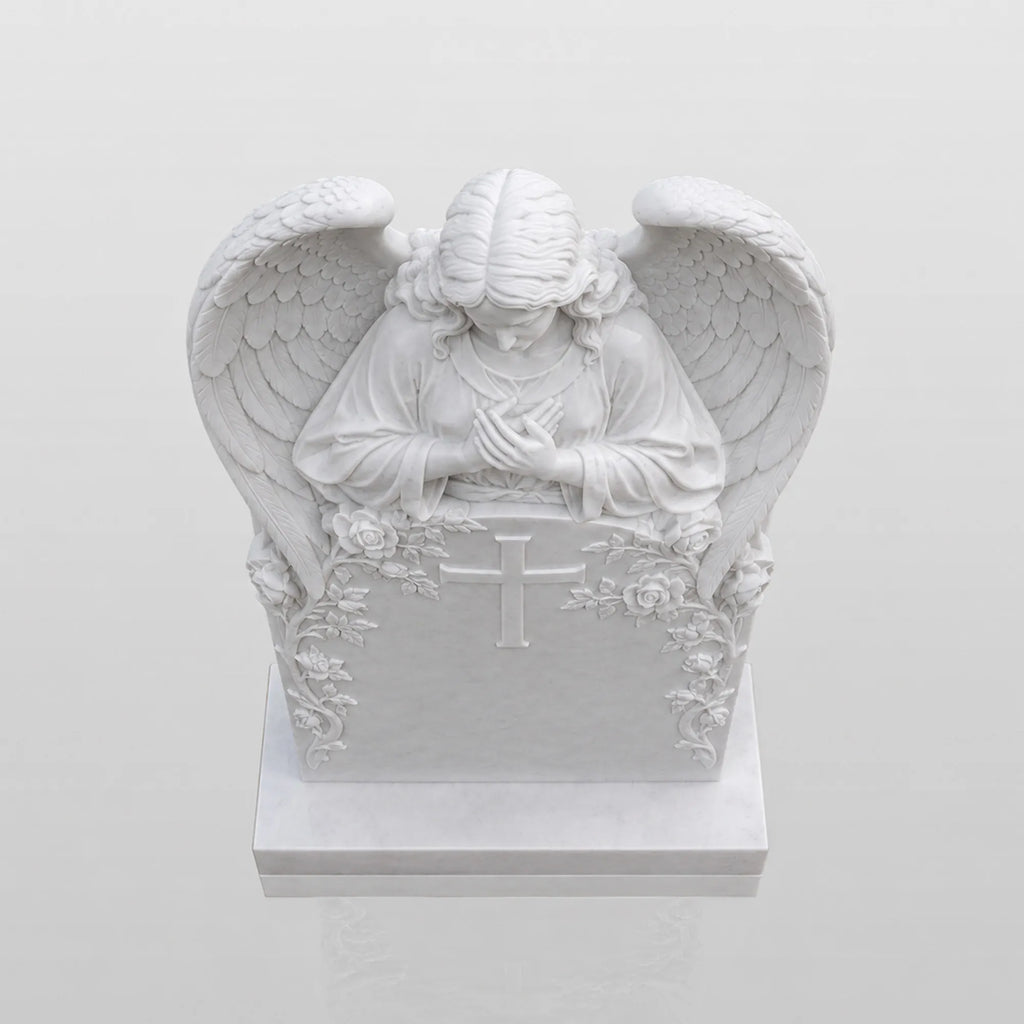 PREMIER Marble Angel Tombstone for Catholic Cemetery, Church Graveyard and Home Memorial Garden PSM-176