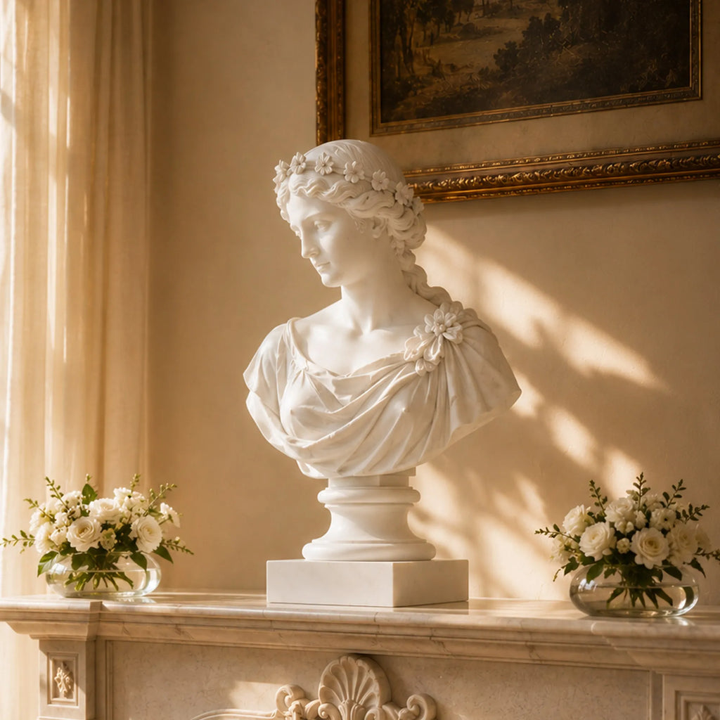 PREMIER Marble Bust Statue with Flower Crown Lady Design for Fireplace Mantel or Living Room Console PSM-166