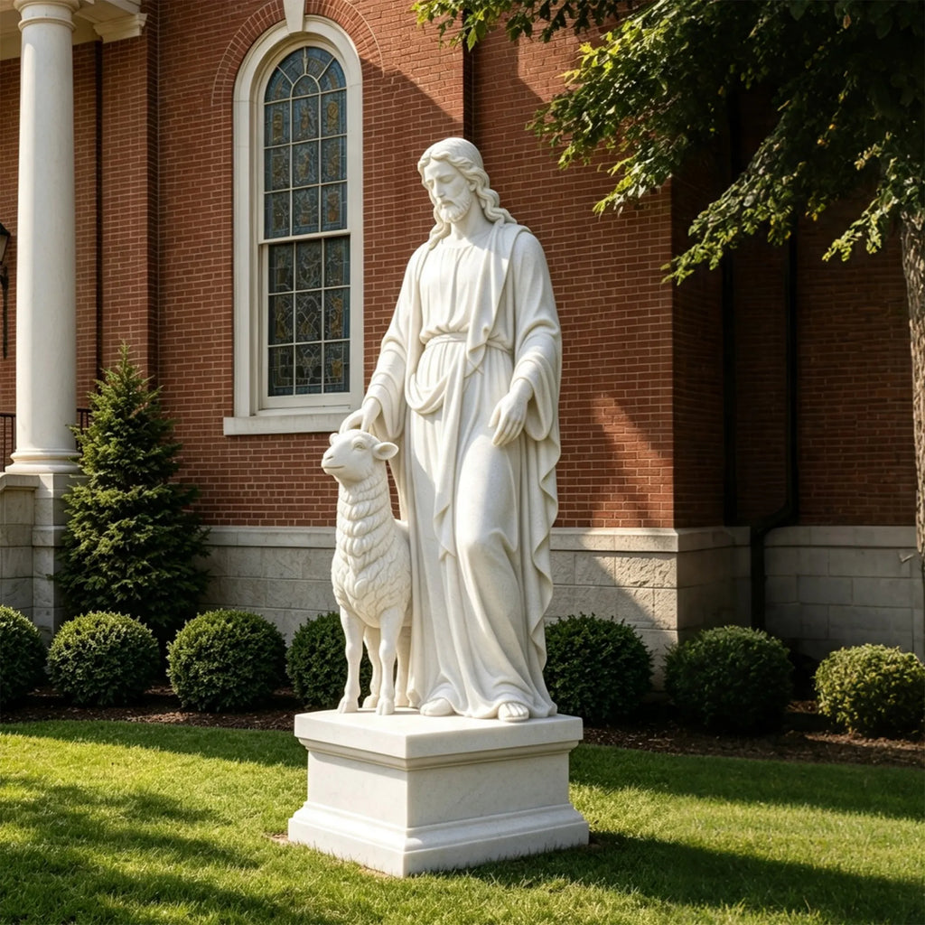 PREMIER Marble Statue with Jesus the Good Shepherd Design for Church Yard, Backyard or Plaza PSM-207