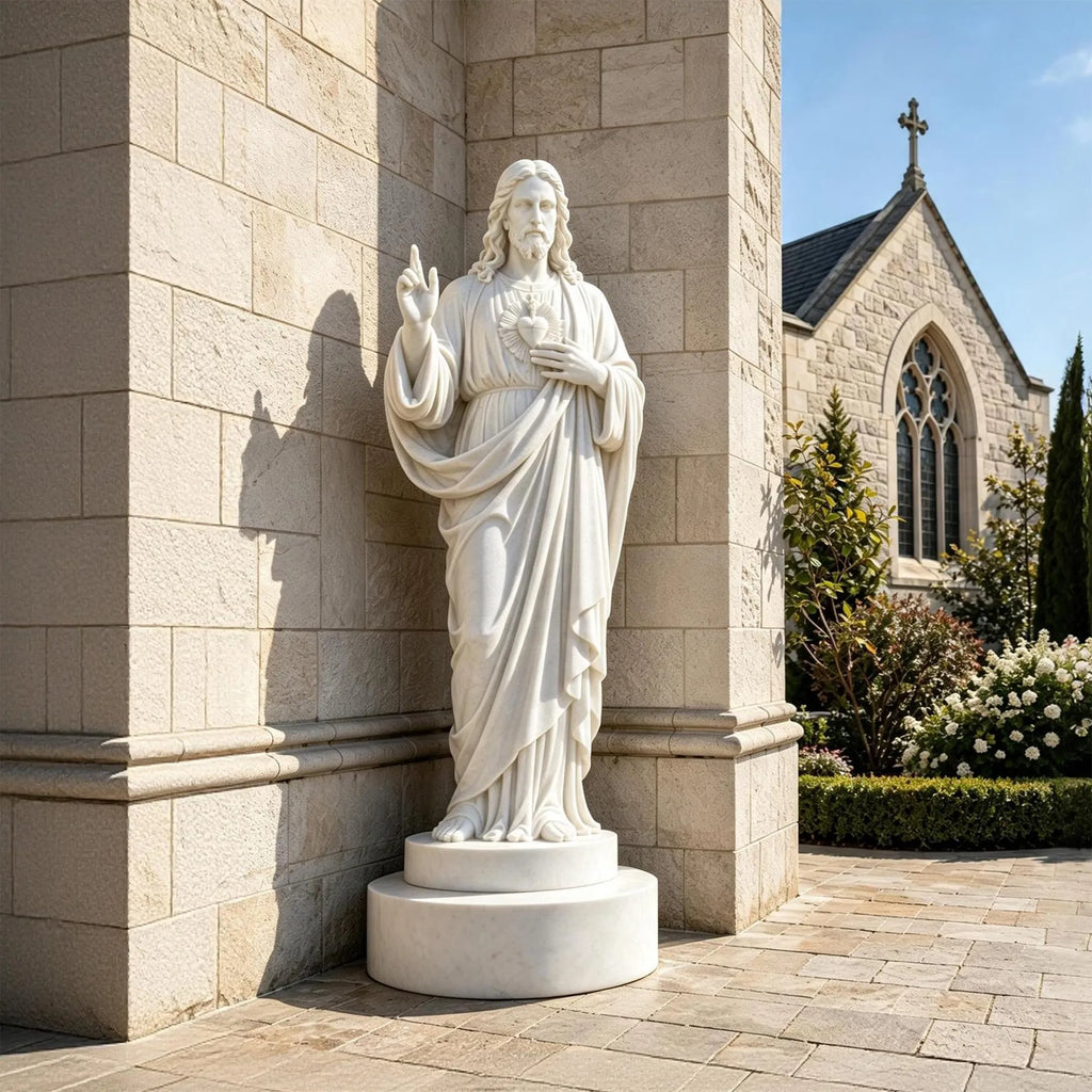 PREMIER Marble Statue with Sacred Heart of Jesus Design for Church, Front Porch or Terrace PSM-205