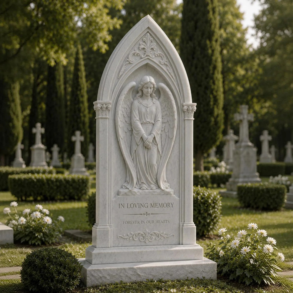 PREMIER Marble Tombstone with Arch Praying Angel for Cemetery, Memorial Garden or Church Graveyard PSM-156