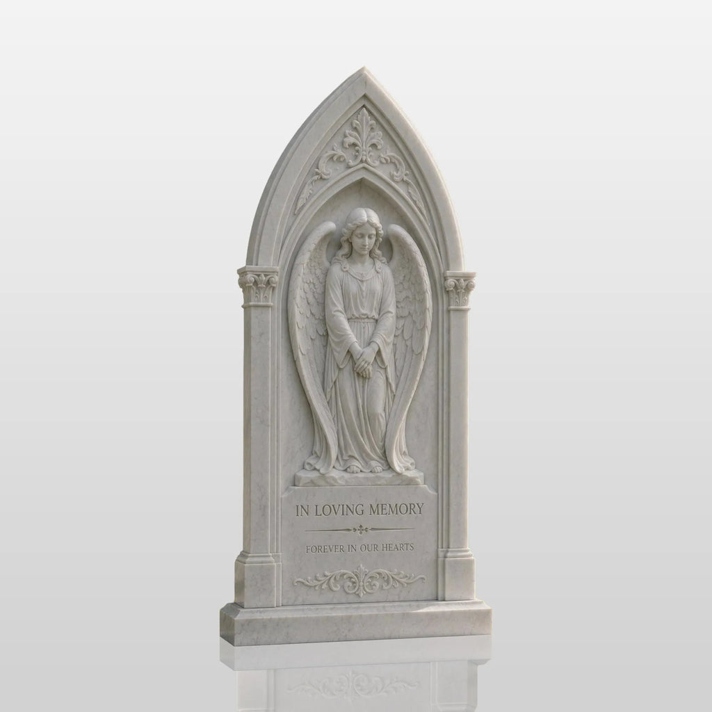 PREMIER Marble Tombstone with Arch Praying Angel for Cemetery, Memorial Garden or Church Graveyard PSM-156