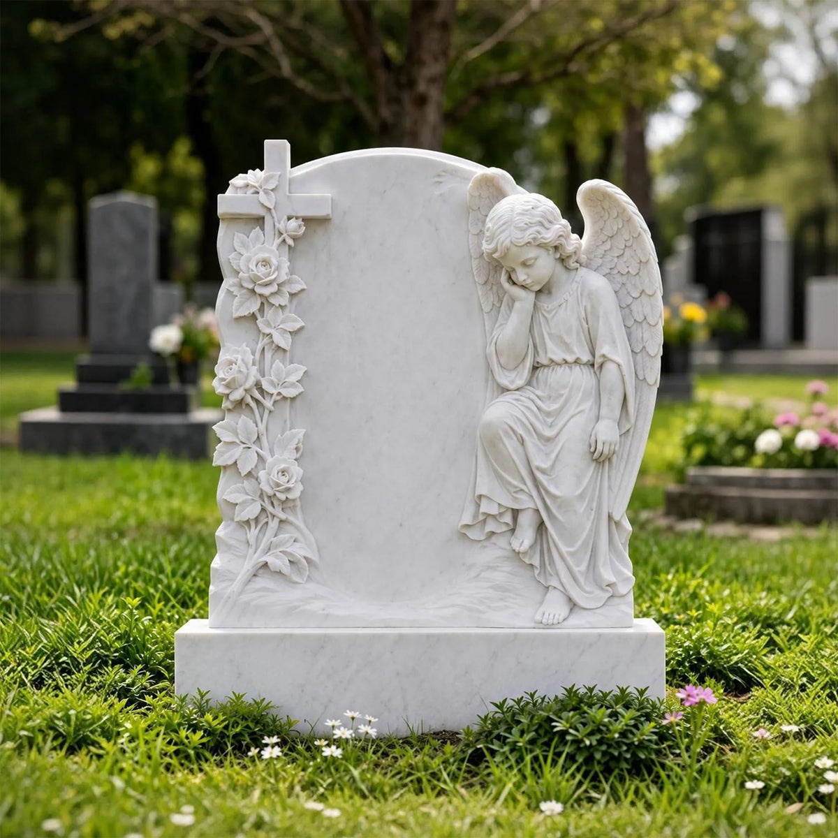 PREMIER Marble Tombstone with Cherub Cross Design for Lawn Cemetery, Memorial Park or Country Churchyard PSM-182