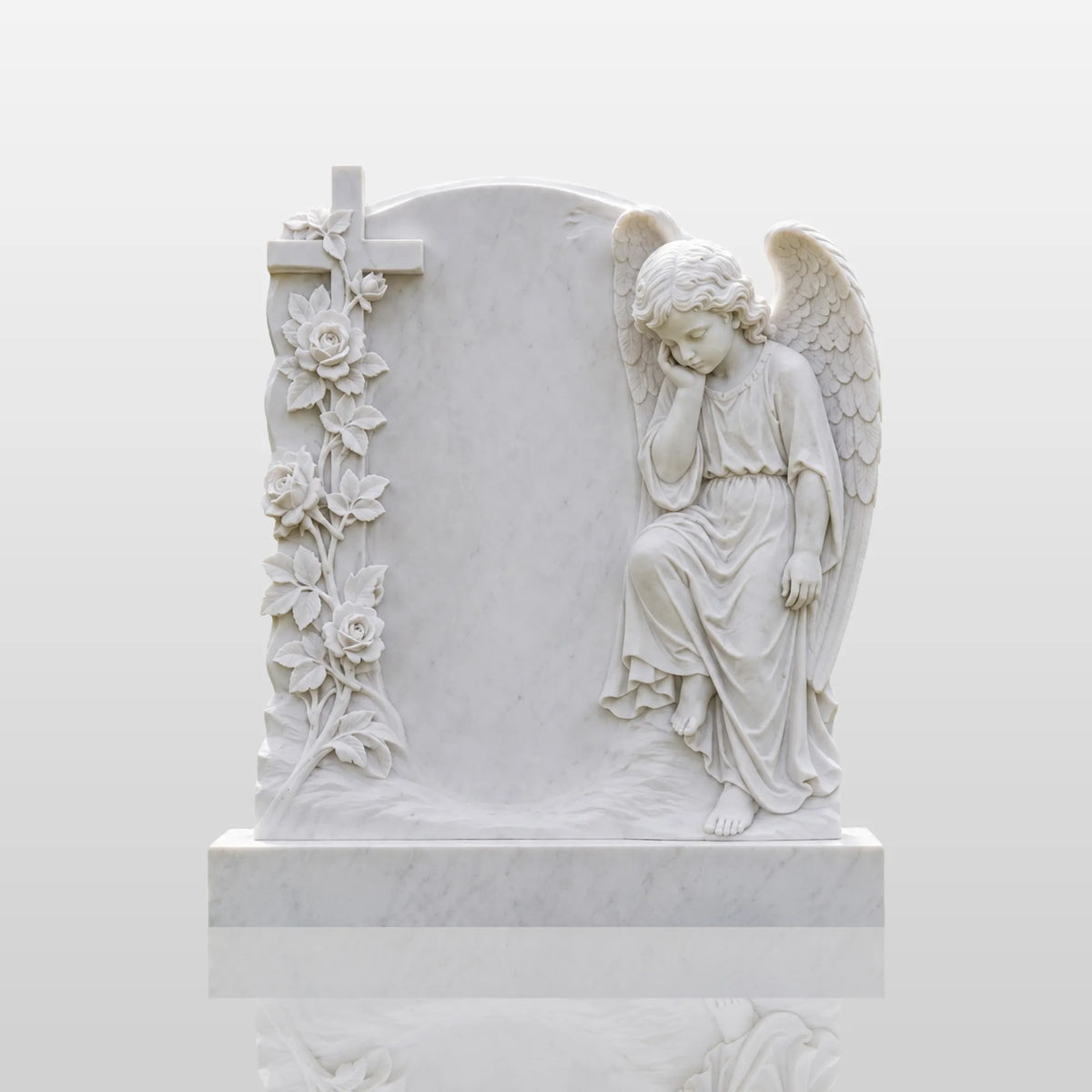 PREMIER Marble Tombstone with Cherub Cross Design for Lawn Cemetery, Memorial Park or Country Churchyard PSM-182