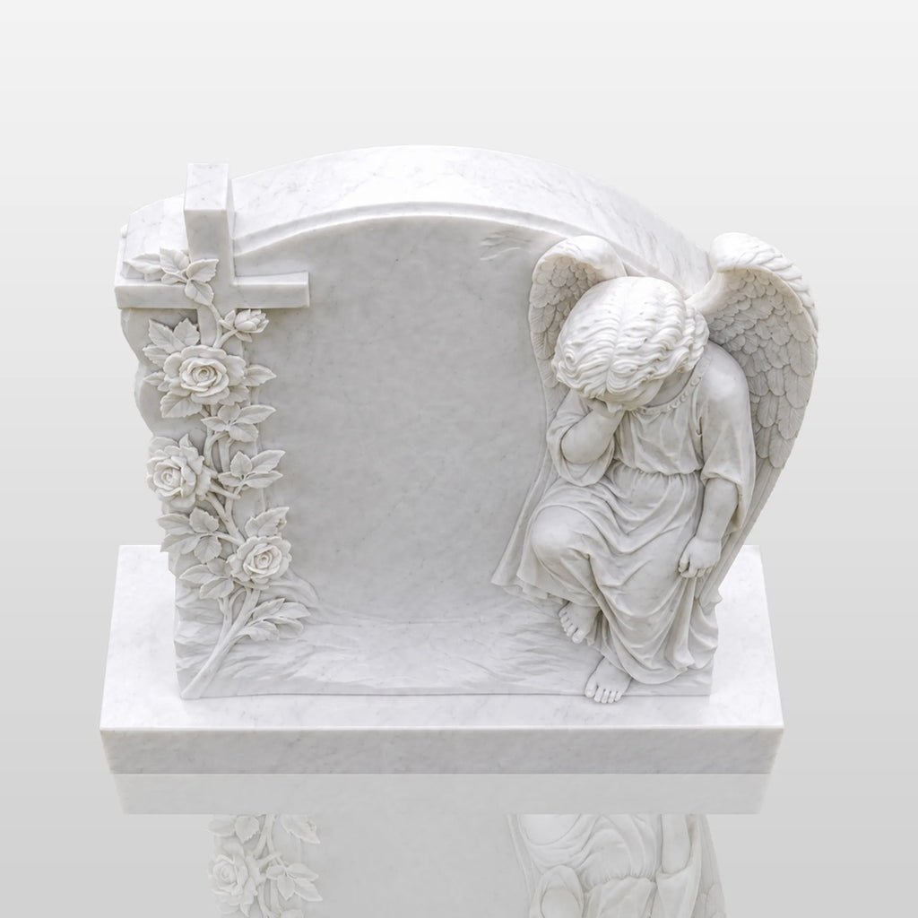 PREMIER Marble Tombstone with Cherub Cross Design for Lawn Cemetery, Memorial Park or Country Churchyard PSM-182