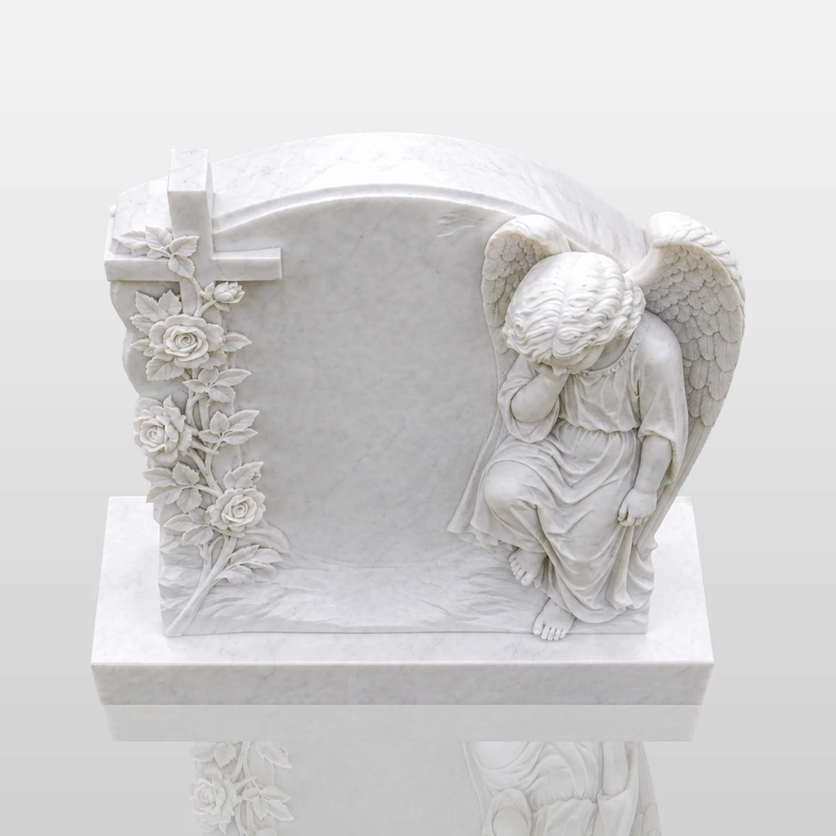 PREMIER Marble Tombstone with Cherub Cross Design for Lawn Cemetery, Memorial Park or Country Churchyard PSM-182