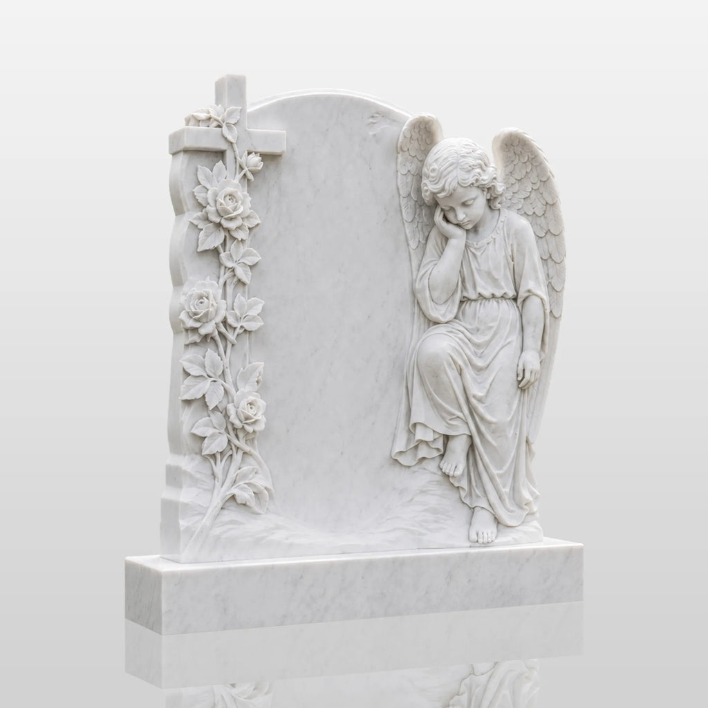 PREMIER Marble Tombstone with Cherub Cross Design for Lawn Cemetery, Memorial Park or Country Churchyard PSM-182