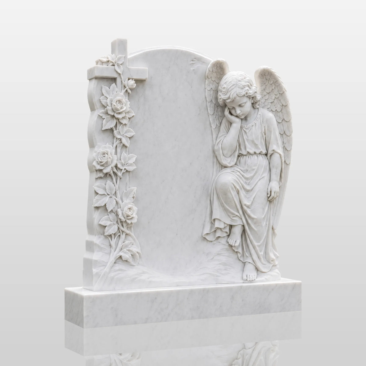 PREMIER Marble Tombstone with Cherub Cross Design for Lawn Cemetery, Memorial Park or Country Churchyard PSM-182