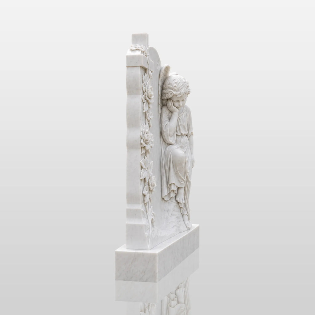 PREMIER Marble Tombstone with Cherub Cross Design for Lawn Cemetery, Memorial Park or Country Churchyard PSM-182