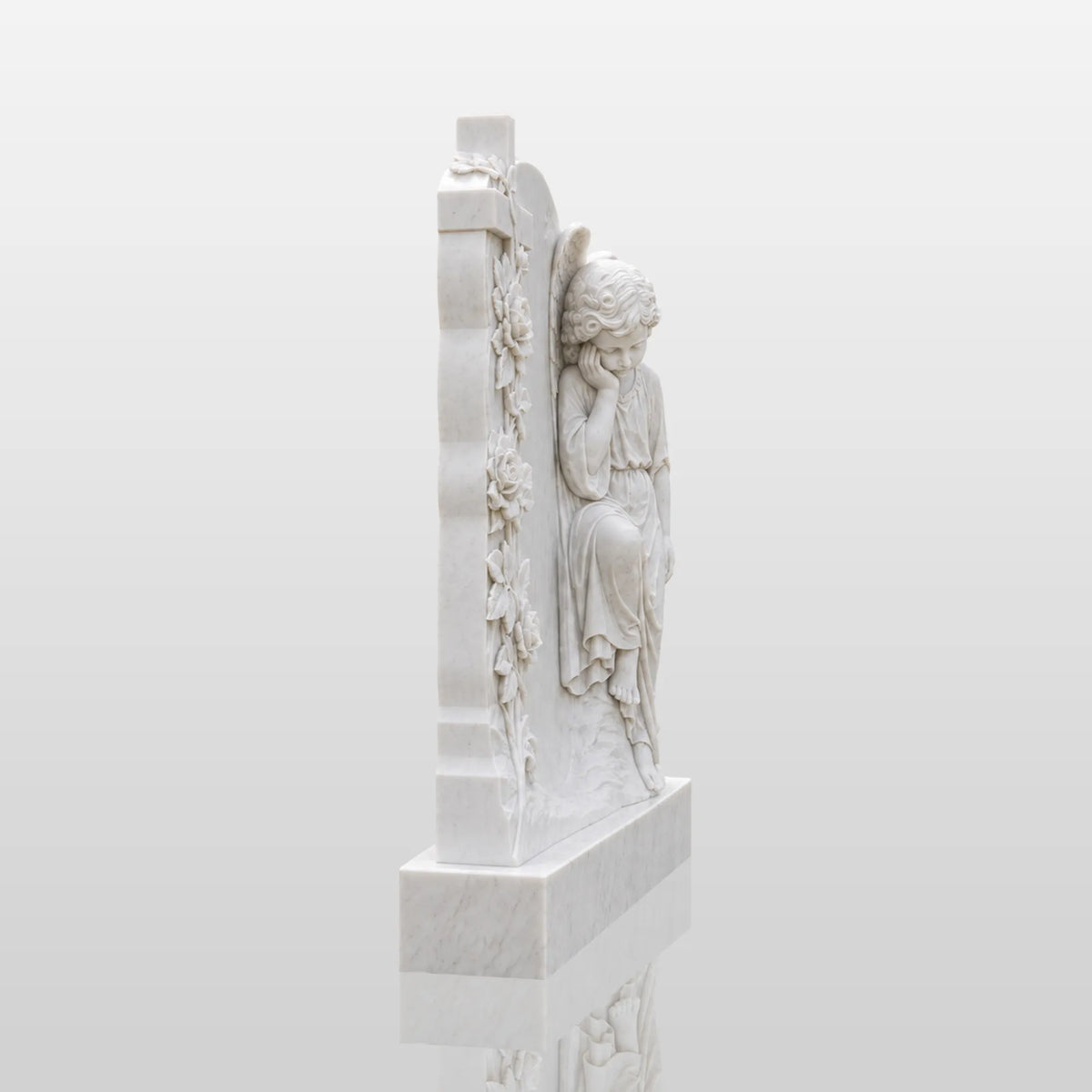 PREMIER Marble Tombstone with Cherub Cross Design for Lawn Cemetery, Memorial Park or Country Churchyard PSM-182
