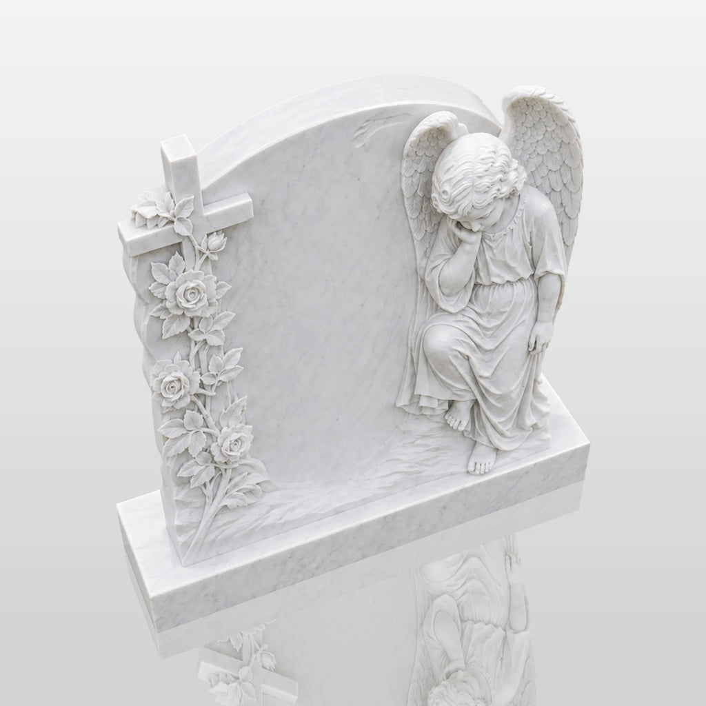 PREMIER Marble Tombstone with Cherub Cross Design for Lawn Cemetery, Memorial Park or Country Churchyard PSM-182