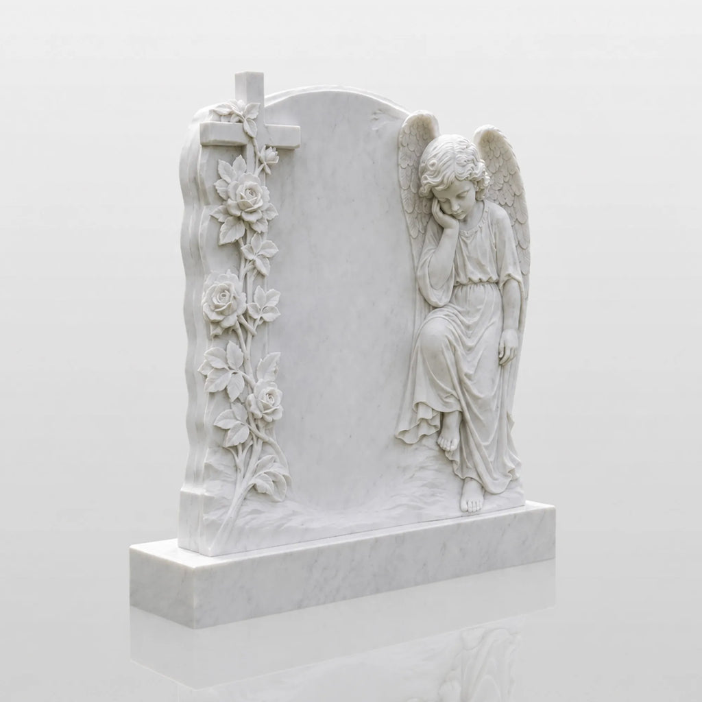 PREMIER Marble Tombstone with Cherub Cross Design for Lawn Cemetery, Memorial Park or Country Churchyard PSM-182
