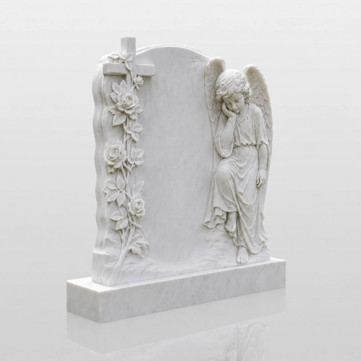 PREMIER Marble Tombstone with Cherub Cross Design for Lawn Cemetery, Memorial Park or Country Churchyard PSM-182