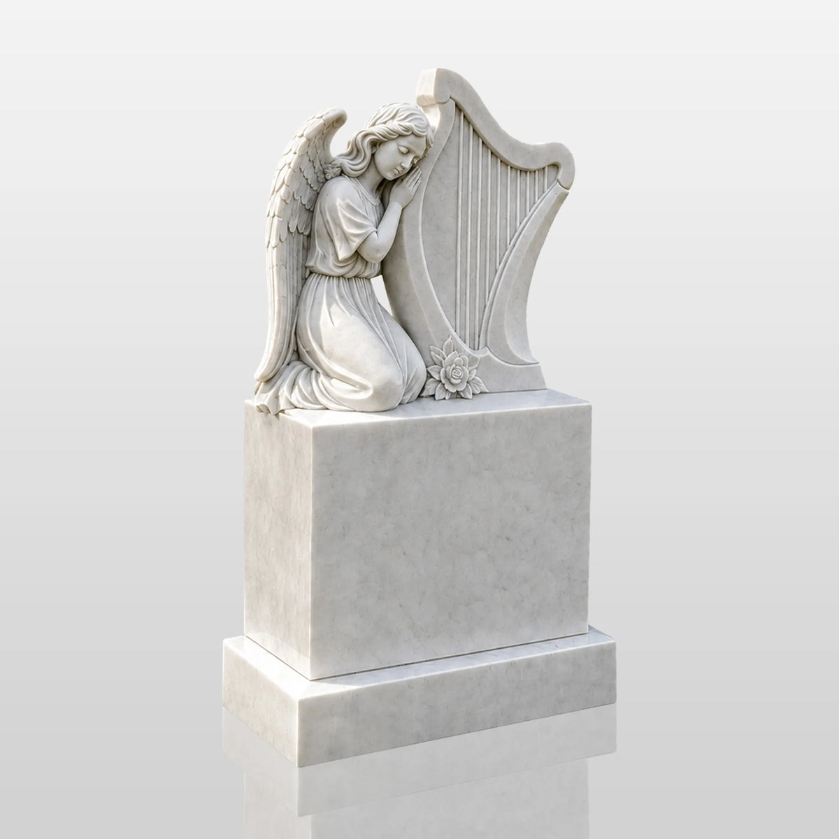 PREMIER Marble Tombstone with Kneeling Angel and Harp Design for Lawn Monument Lot or Green Cemetery PSM-184