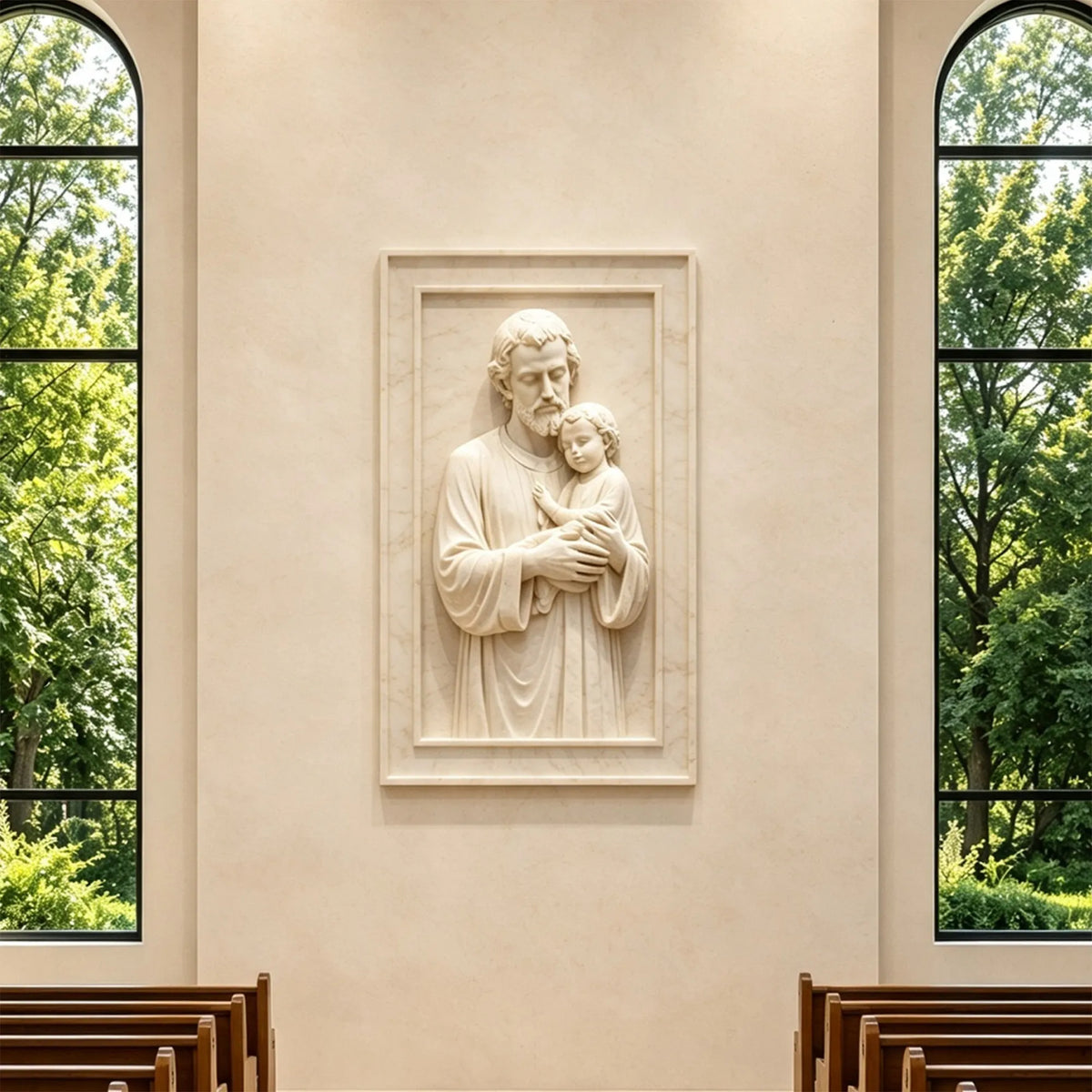PREMIER Marble Wall Relief Sculpture with Saint Joseph with Baby Jesus for Chapel, Church or Hallway PSM-206