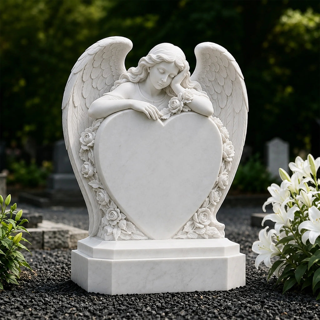 PREMIER Memorial Angel Marble Tombstone for Church Graveyard, Burial Lawn or Cemetery PSM-179
