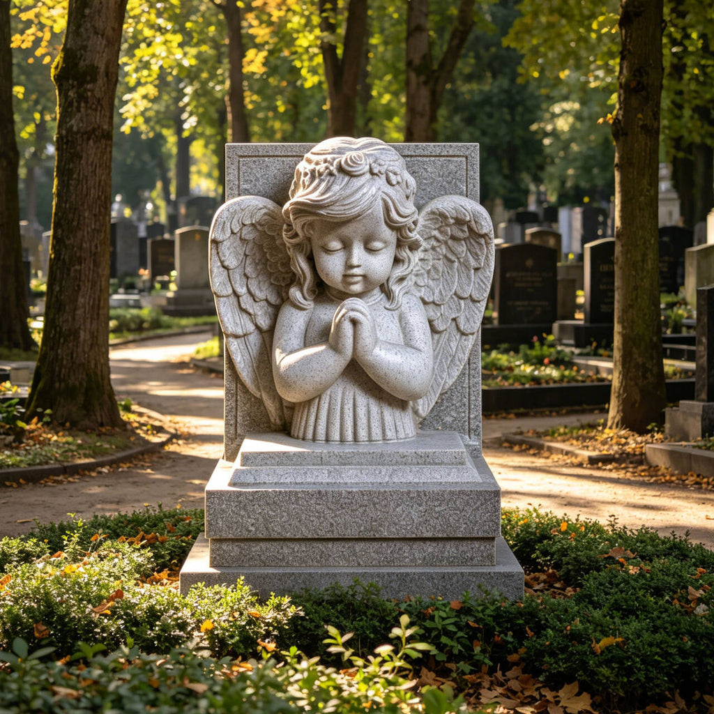 PREMIER Memorial Cherub Marble Tombstone for Cemeteries, Gardens, Funeral Grounds or Church Graveyards PSM-151