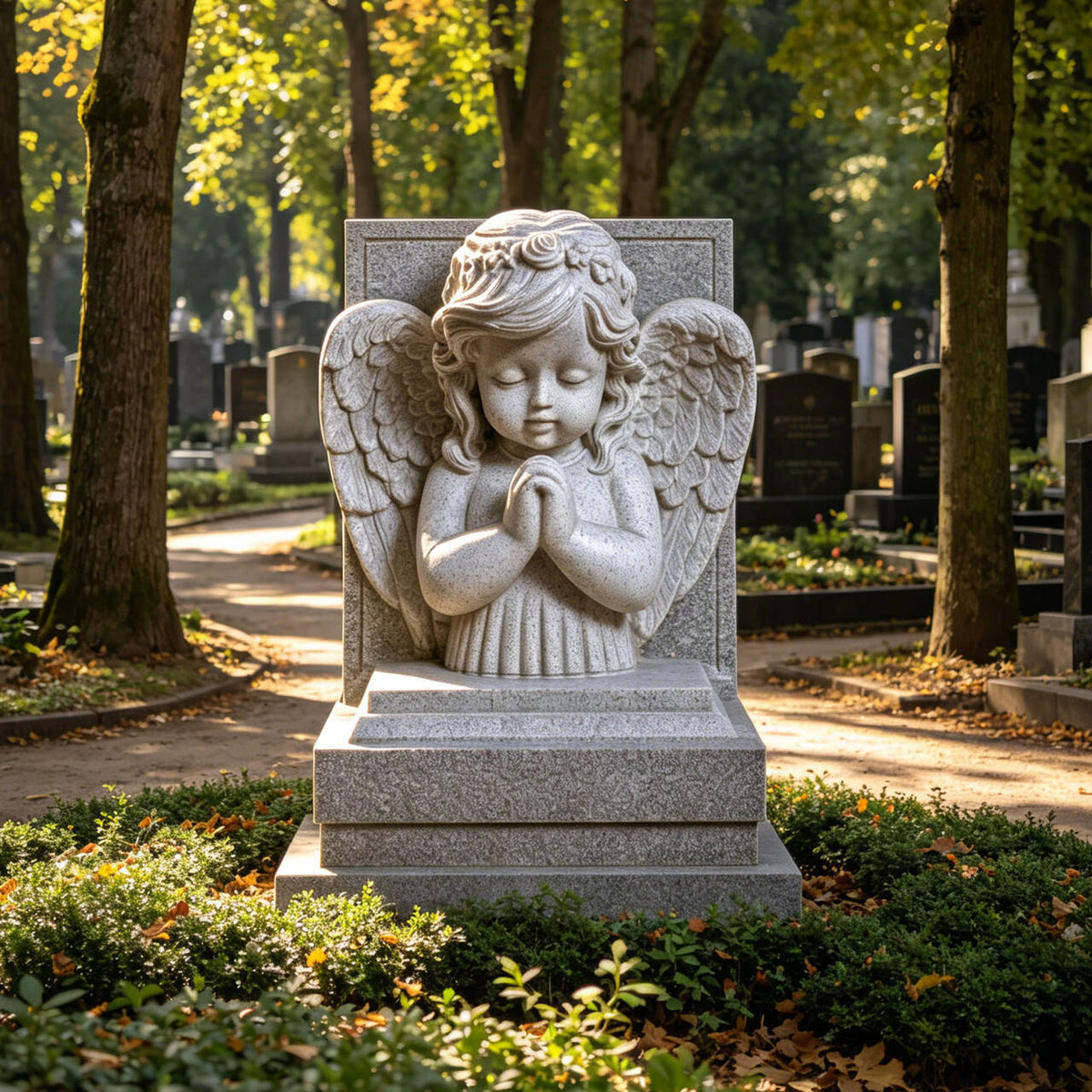 PREMIER Memorial Cherub Marble Tombstone for Cemeteries, Gardens, Funeral Grounds or Church Graveyards PSM-151