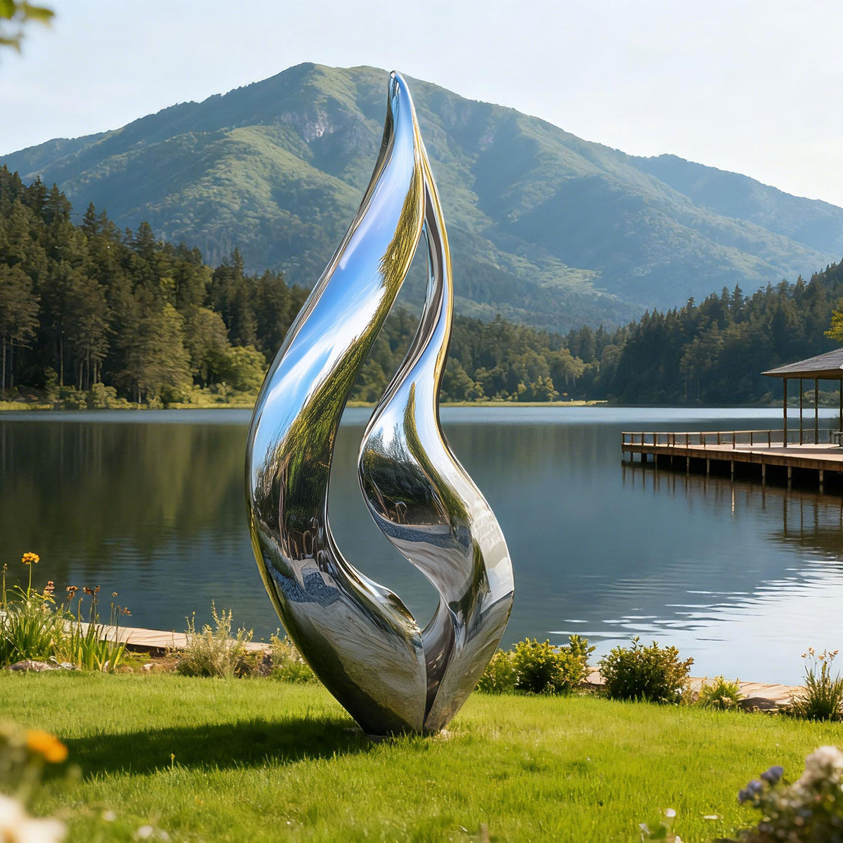 PREMIER  Mirror Flame Outdoor Sculpture with Flowing Modern Design for Lakeside and Garden Art PSSS-181