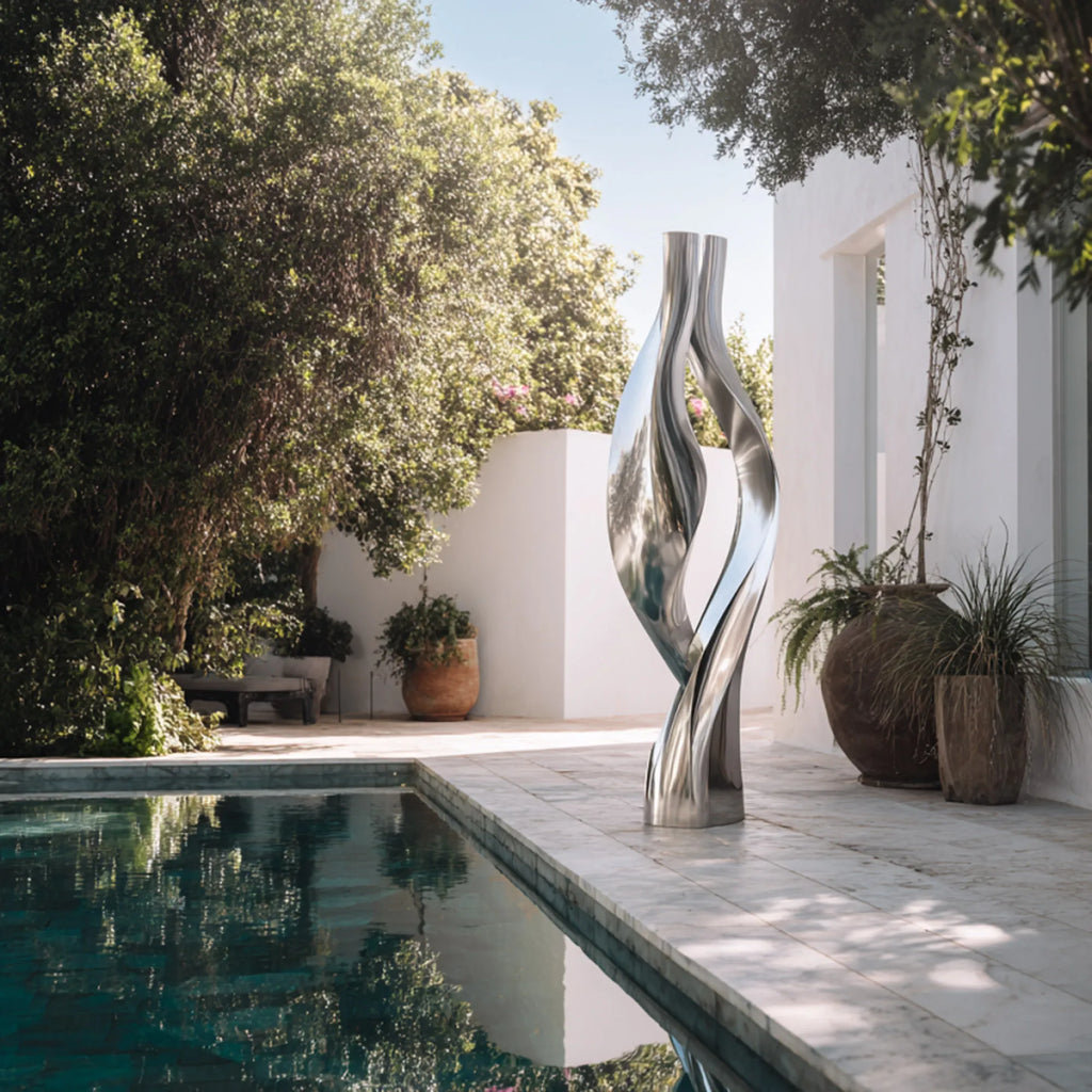 PREMIER Modern Stainless Steel Sculpture with Flowing and Interacting Ribbons Design Perfect for Public Parks, Courtyards or Near the Pool PSSS-230
