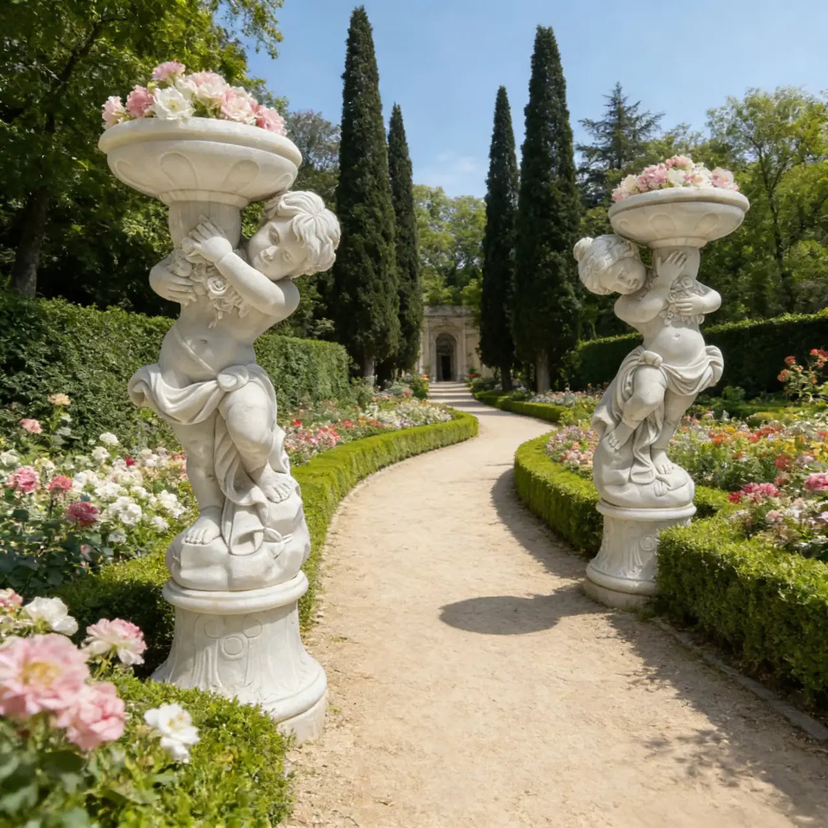 PREMIER Pair of Marble Sculptures with Children Holding Flowerpots for Garden Paths, Walkways or Parks Hedges PSM-148