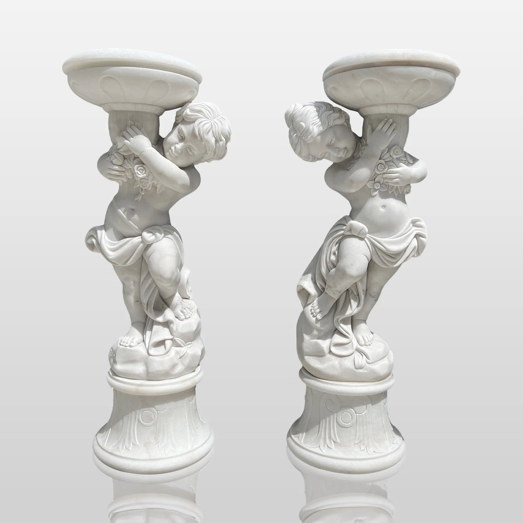 PREMIER Pair of Marble Sculptures with Children Holding Flowerpots for Garden Paths, Walkways or Parks Hedges PSM-148