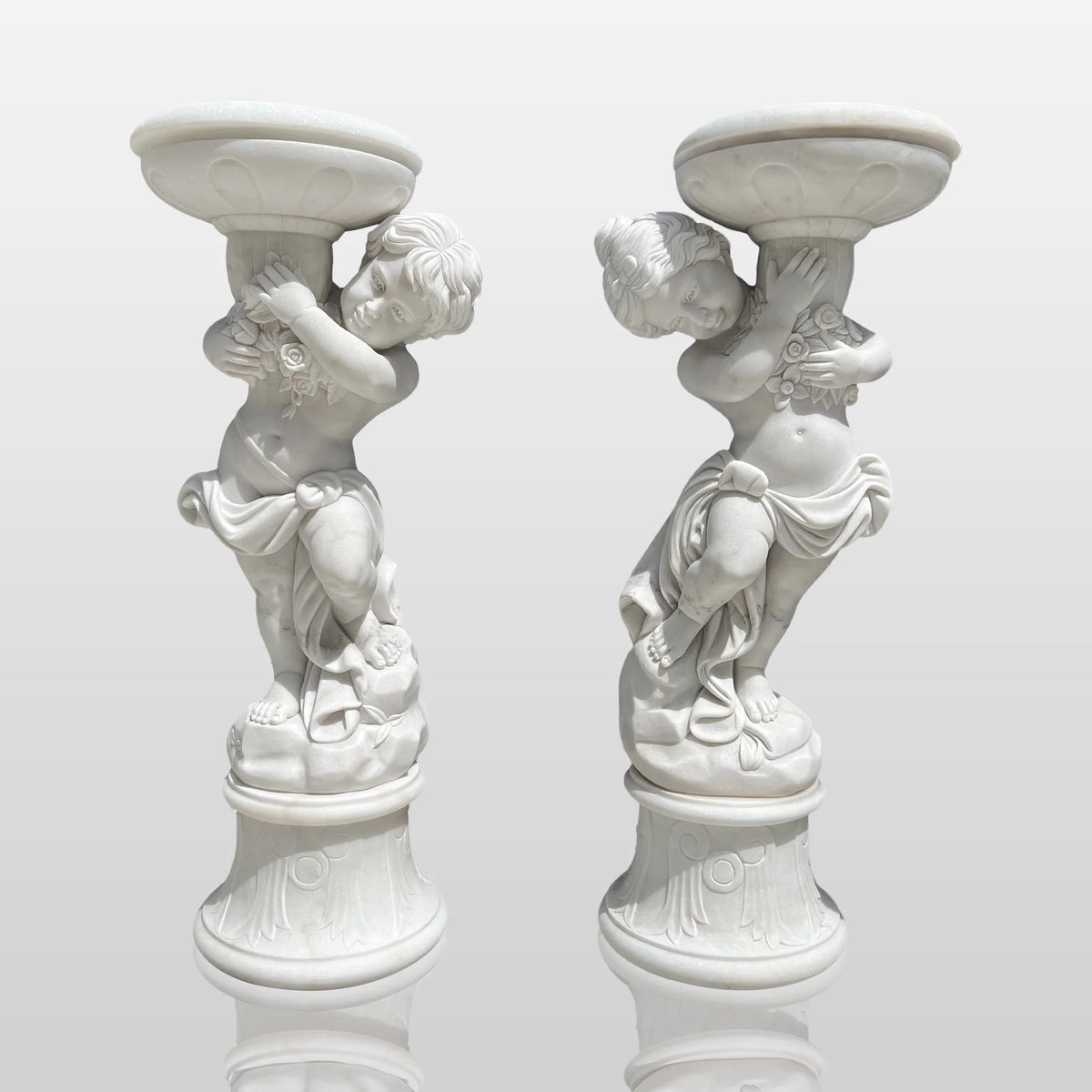 PREMIER Pair of Marble Sculptures with Children Holding Flowerpots for Garden Paths, Walkways or Parks Hedges PSM-148