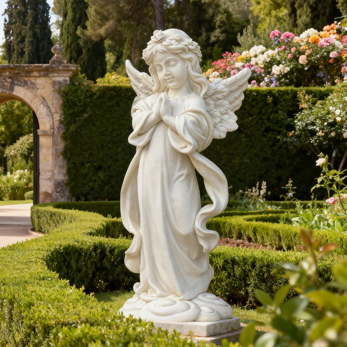 PREMIER Praying Angel Marble Sculpture for Villas Courtyards and Memorial Outdoor Spaces PSM-090