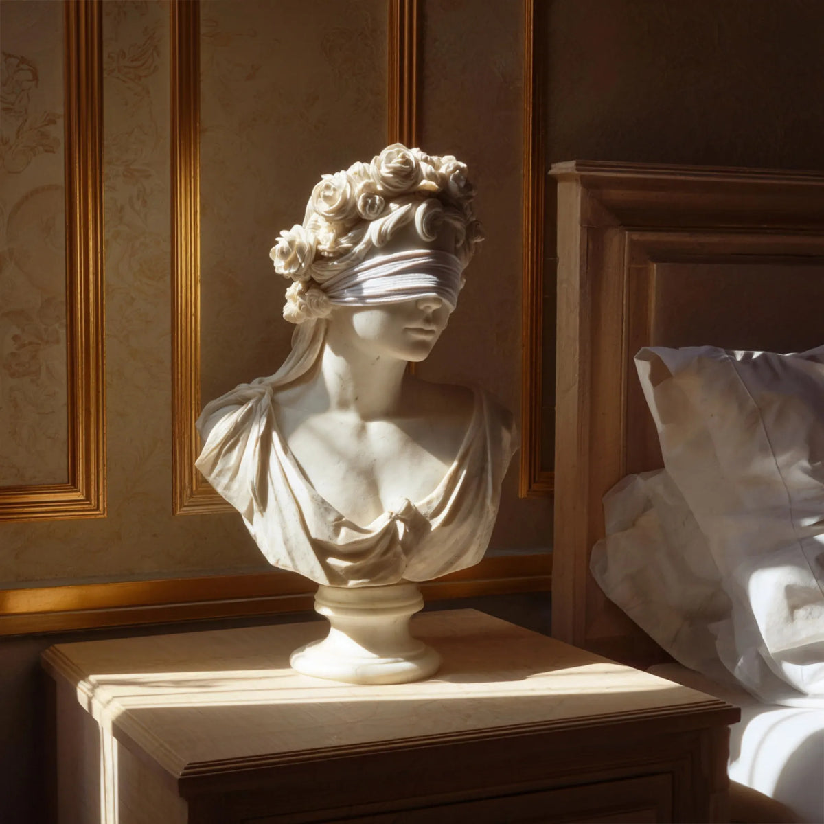 PREMIER Refined Marble Bust Statue with Blindfolded Female Design for Studies, Offices and Galleries PSM-124