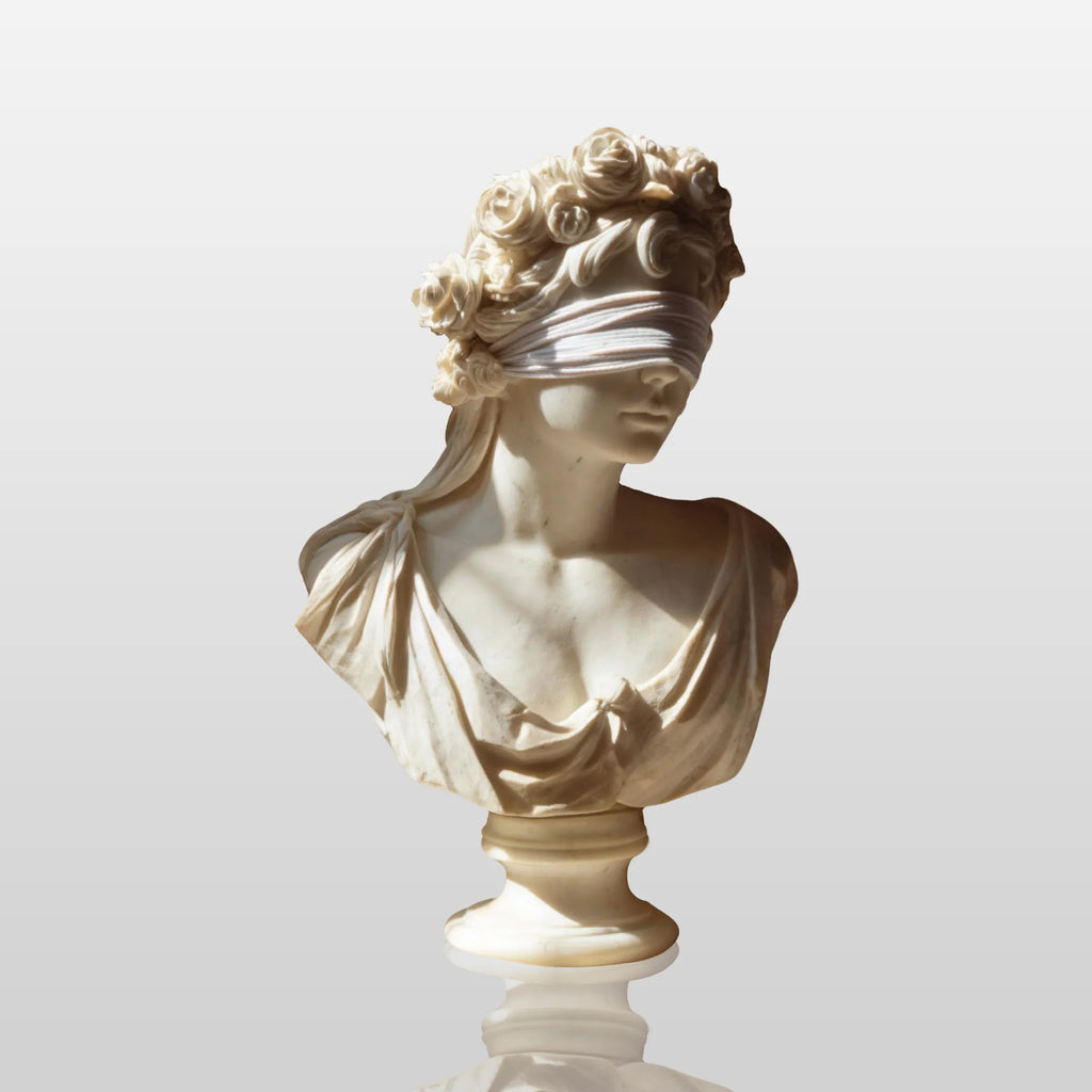 PREMIER Refined Marble Bust Statue with Blindfolded Female Design for Studies, Offices and Galleries PSM-124