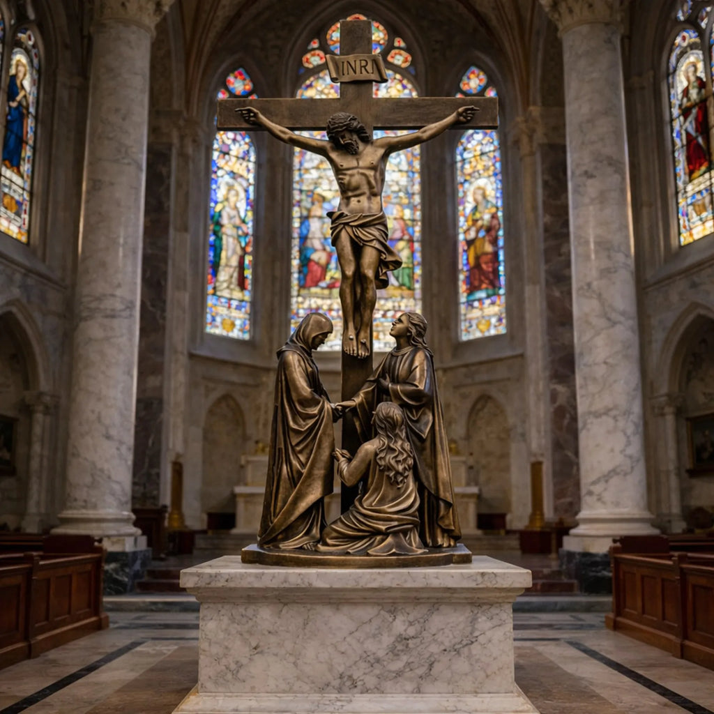 PREMIER Religious Bronze Sculpture with the Crucifixion of Jesus Design Fit for Indoor Churches, Chapels, Prayer Rooms PSB-156