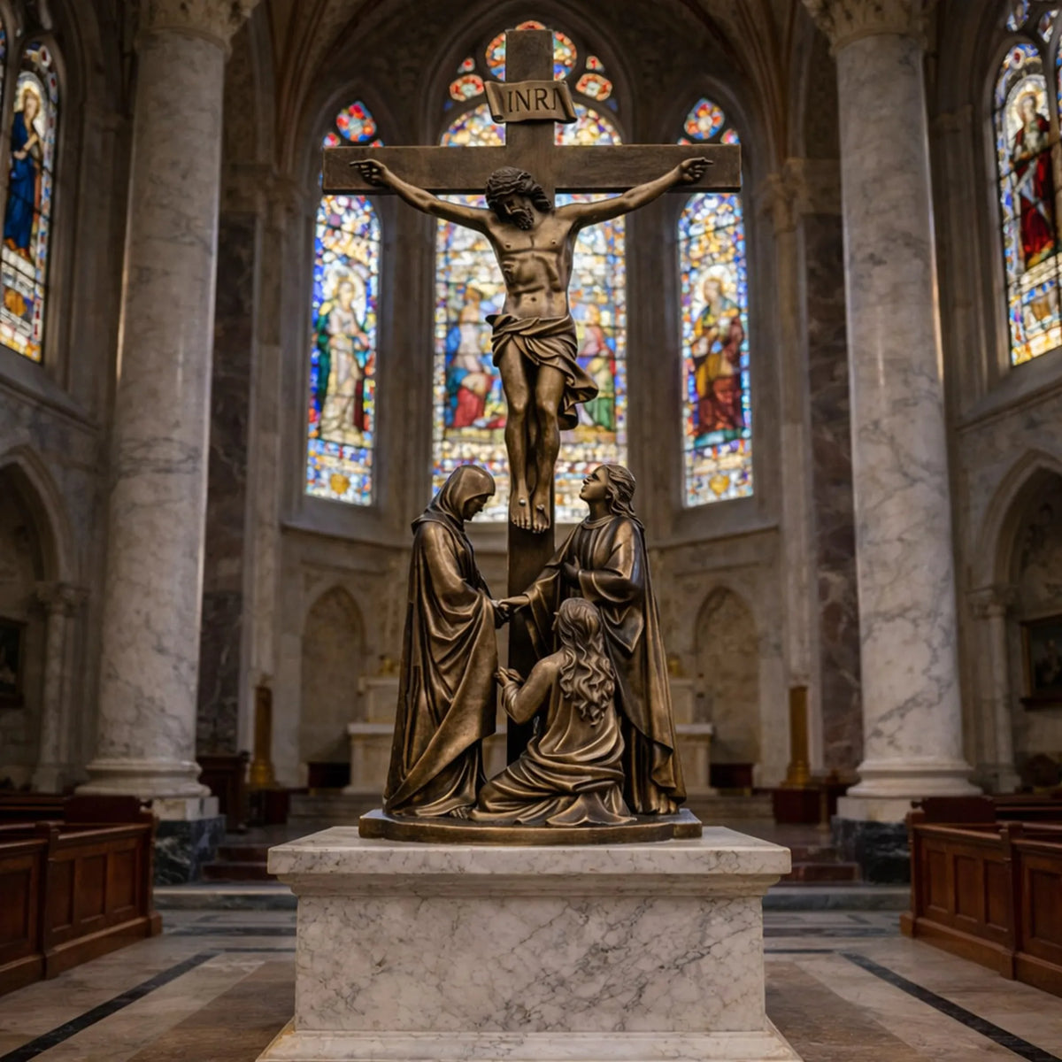 PREMIER Religious Bronze Sculpture with the Crucifixion of Jesus Design Fit for Indoor Churches, Chapels, Prayer Rooms PSB-156