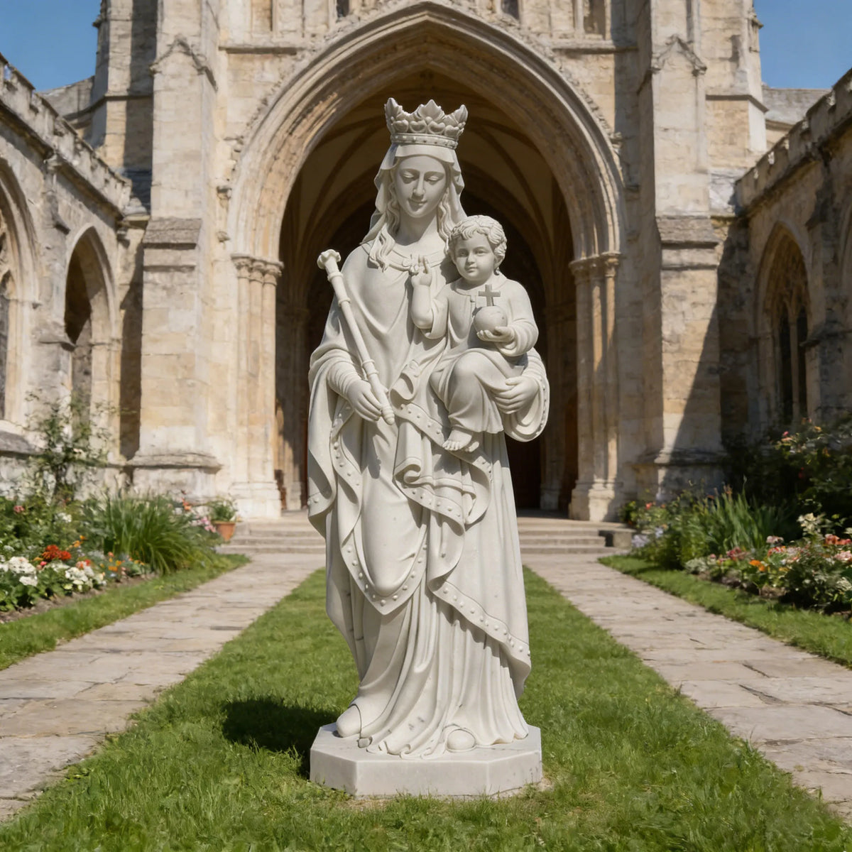 PREMIER Religious Marble Statue with the Virgin Mary Holding the Child Jesus Design Fit for Churches, Religious Parks or Courtyards PSM-110