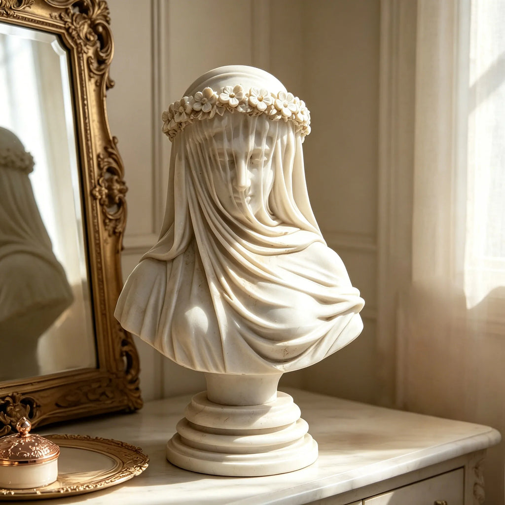 PREMIER Romantic Marble Table Sculpture in Veiled Bride for the Dresser, Entryway, Bedroom and Wedding Studio PSM-132