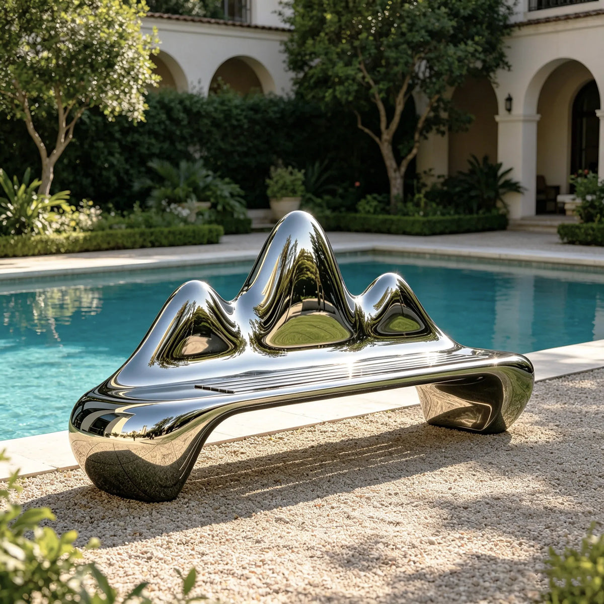 PREMIER Stainless Steel Bench Sculpture with Abstract Mountain Design for Gardens, Poolsides or Public Areas PSSS-260