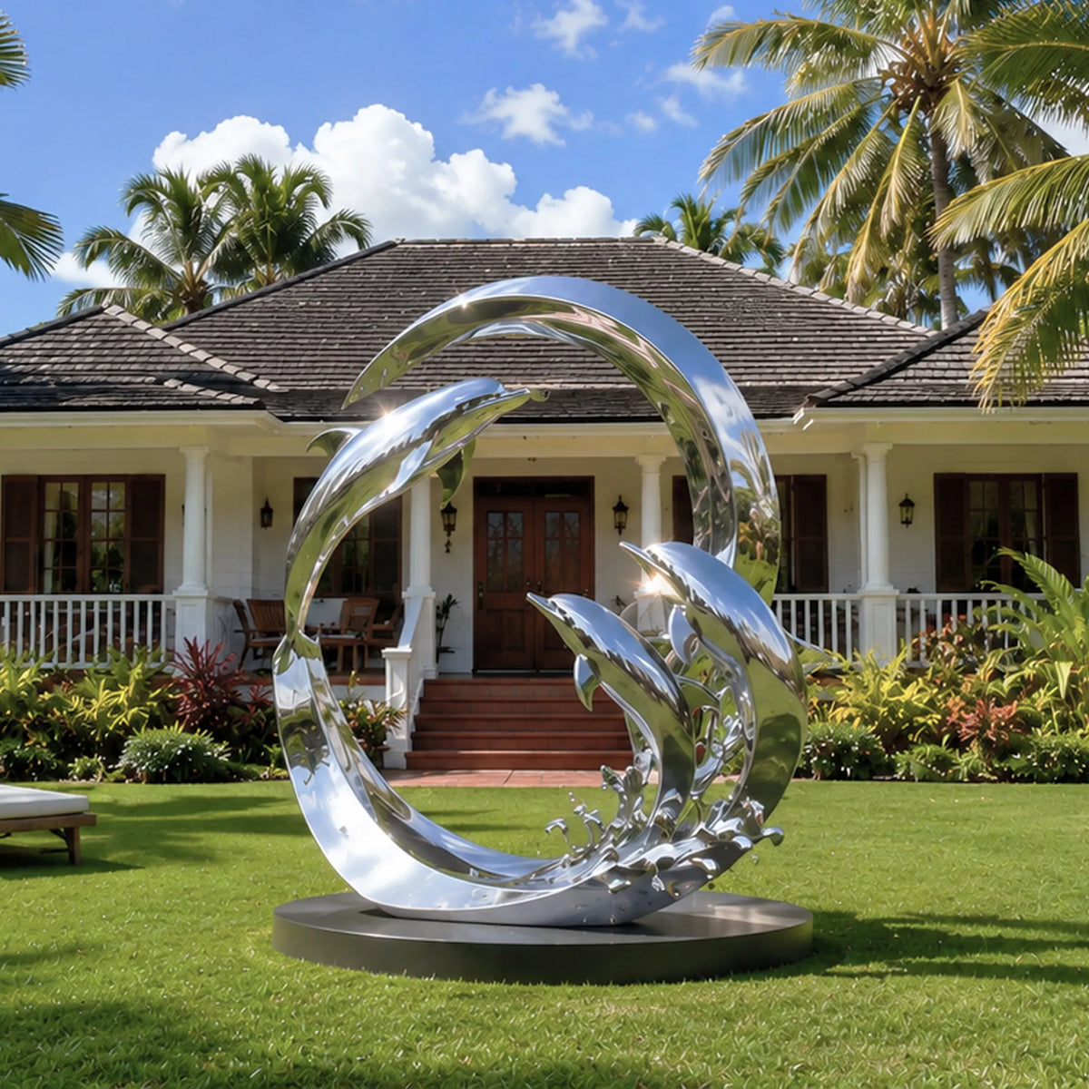PREMIER Stainless Steel Dolphin Statue with Ring Design for Garden Poolside, Backyard or Coastal Park PSSS-299